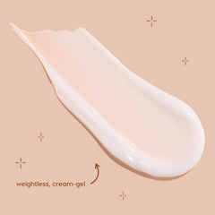 Creamy peach-tinted gel swipe glides diagonally on a beige background, showcasing Set It Up, the ColourPop Pretty Fresh Primer - a weightless cream-gel face primer with a glossy sheen, highlighting its smooth, blendable texture.