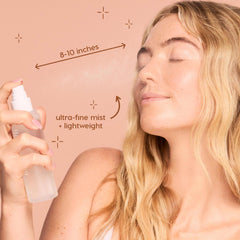 Lock It In, ColourPop Pretty Fresh Setting Spray, spritzing an ultra-fine lightweight mist 8–10 inches from the face as a model with eyes closed holds a frosted bottle against a peach backdrop, demonstrating makeup-setting use.