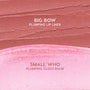 ColourPop Pinky Who So Juicy Plumping Gloss Stick swatch shown with Big Bow plumping lip liner: a textured matte mauve strip above a sheer, glittery baby‑pink gloss labeled Small Who, displayed in a close‑up studio layout.