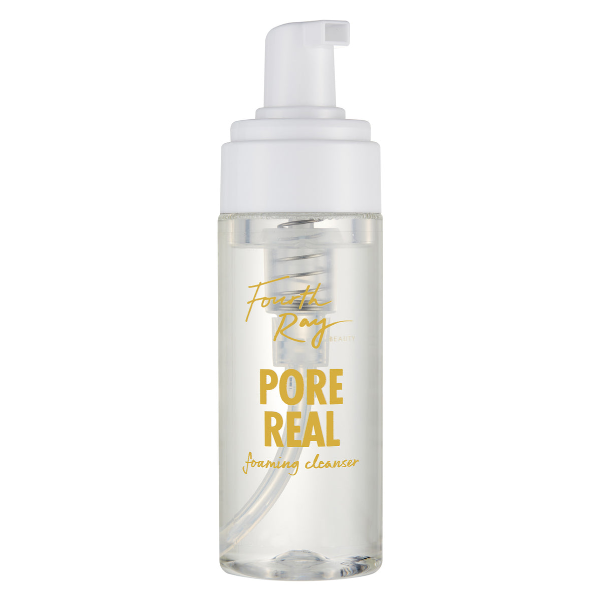 Fourth Ray Beauty Pore Real Cleanser standing upright with a white foaming pump, clear bottle, and gold lettering, a ColourPop Face Cleanser for gentle facial cleansing, shown against a clean white studio background.