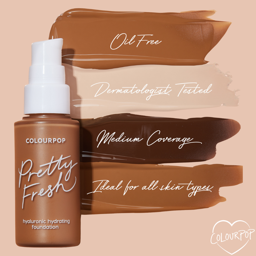 ColourPop Hyaluronic Hydrating Foundation Pretty Fresh pump bottle in Light 50 W sits beside layered swatches labeled Oil Free, Dermatologist Tested, Medium Coverage, Ideal for all skin types on a peach backdrop.