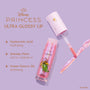 Colourpop Disney Princess Ultra Glossy Lip gloss tube with sparkly pink formula and wand applicator on a lavender background, highlighting hydrating hyaluronic acid, vitamin C–rich Kakadu plum, and softening sweet cherry oil benefits.