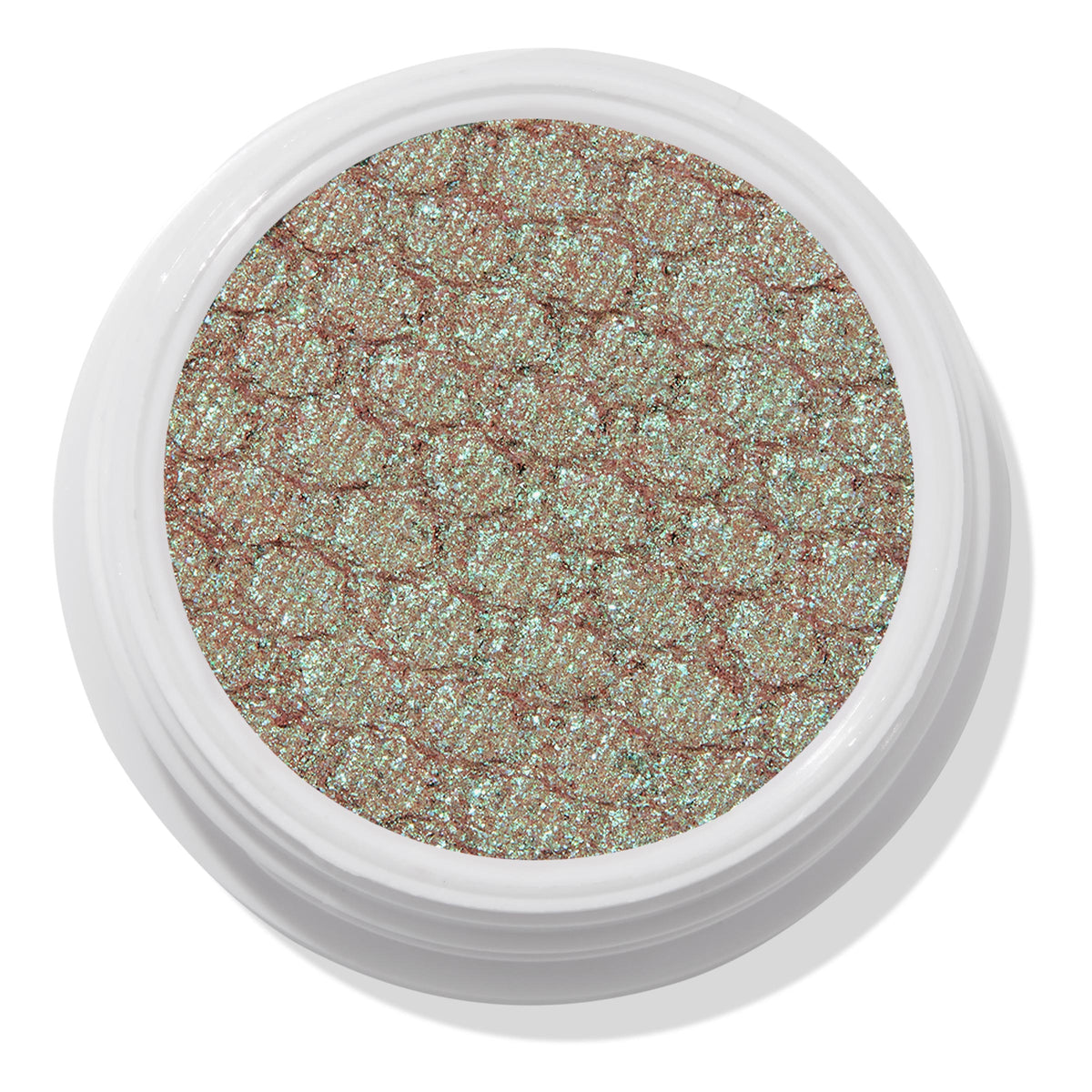 Rooftop Cocktails ColourPop Super Shock Shadow, a shimmery duochrome eyeshadow with mint-teal glitter over a warm rose base, shown top-down in an open white pot with the quilted imprint visible on a white background.