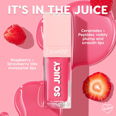 ColourPop So Juicy Lip Oil Set - It’s Giving Juicy - pink plumping glossy lip oil bottle standing amid glossy swirls, with raspberry and strawberry slice; highlights ceramides + peptides for visibly plump, smooth lips and moisturizing fruit oils.