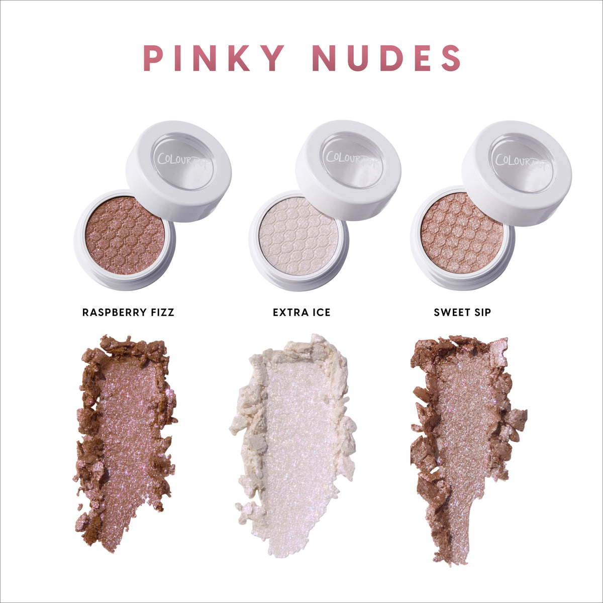 Coconut Cream and Soda Super Shock Shadow trio displayed in white round pots with lids open, showing shimmery pinky nude shades and crushed swatches beneath each color on a clean white background, labeled Raspberry Fizz, Extra Ice, and Sweet Sip.