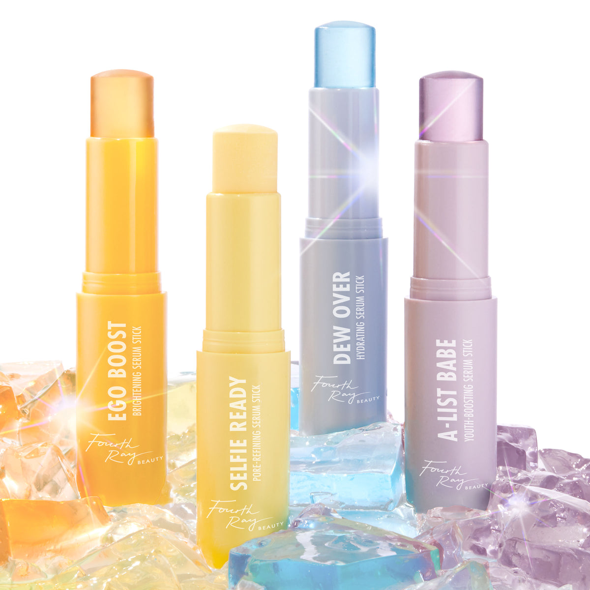 Ego Boost brightening ColourPop Serum Stick by Fourth Ray Beauty stands uncapped in an orange twist-up tube, balm exposed, grouped with Selfie Ready, Dew Over, and A‑List Babe sticks atop iridescent gel cubes in a glossy studio flatlay.