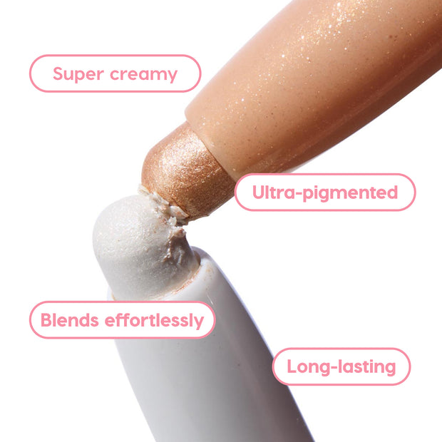 ColourPop Shadow Stix Metallic Neutrals - two shimmery cream eyeshadow sticks, champagne gold and icy pearl, pressing tip-to-tip to show super-creamy, ultra-pigmented color that blends effortlessly and lasts on a clean white background.