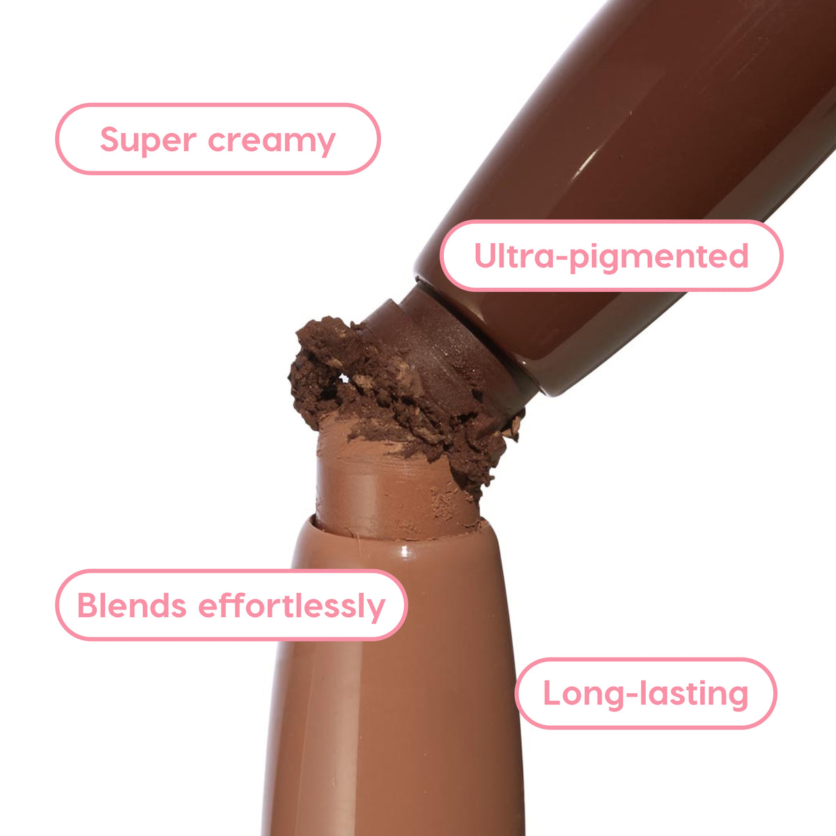 ColourPop Shadow Stix Matte Nudes close-up; a matte nude brown eyeshadow stick breaks at the tip to show thick, ultra-pigmented, creamy payoff, with callouts for blends effortlessly and long-lasting performance on a white background.