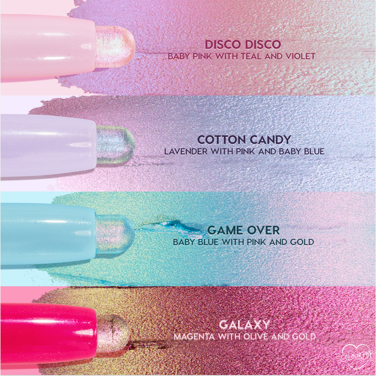 Colourpop Shadow Stix Disco Disco baby pink eyeshadow crayon shown swatched with teal and violet shimmer beside other shades Cotton Candy, Game Over, and Galaxy, highlighting the multi-chrome finish of this creamy stick shadow lineup.