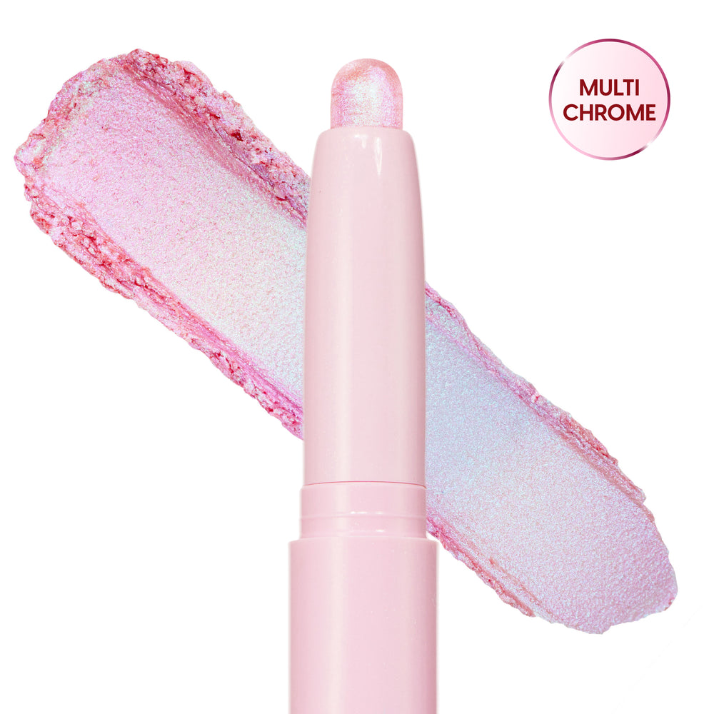 Colourpop Disco Disco Shadow Stix shown uncapped with its shimmery iridescent pink and icy blue eyeshadow swatch smeared diagonally behind the pale pink twist-up stick on a white background.
