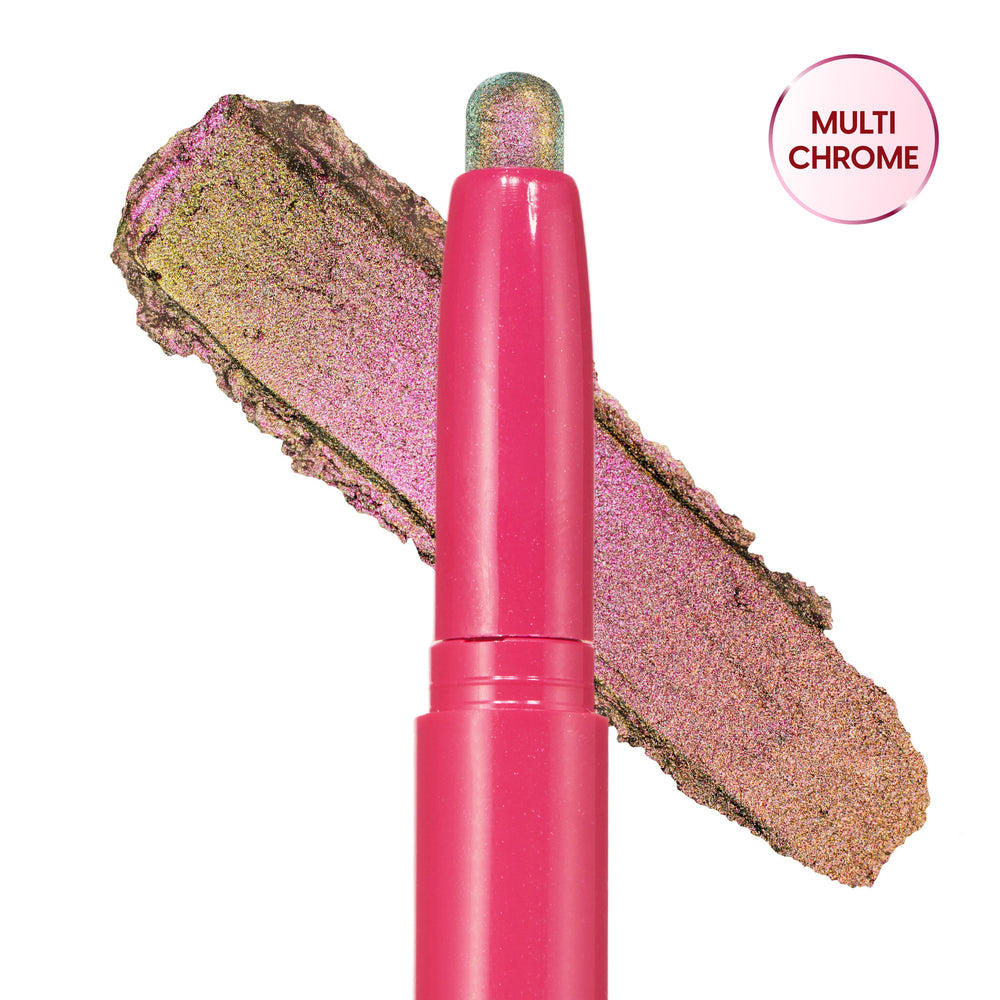 Colourpop Galaxy Shadow Stix displayed with its shimmery duochrome pink-to-gold eyeshadow swatch behind the hot pink pencil, showing creamy, high-pigment payoff on a white background.