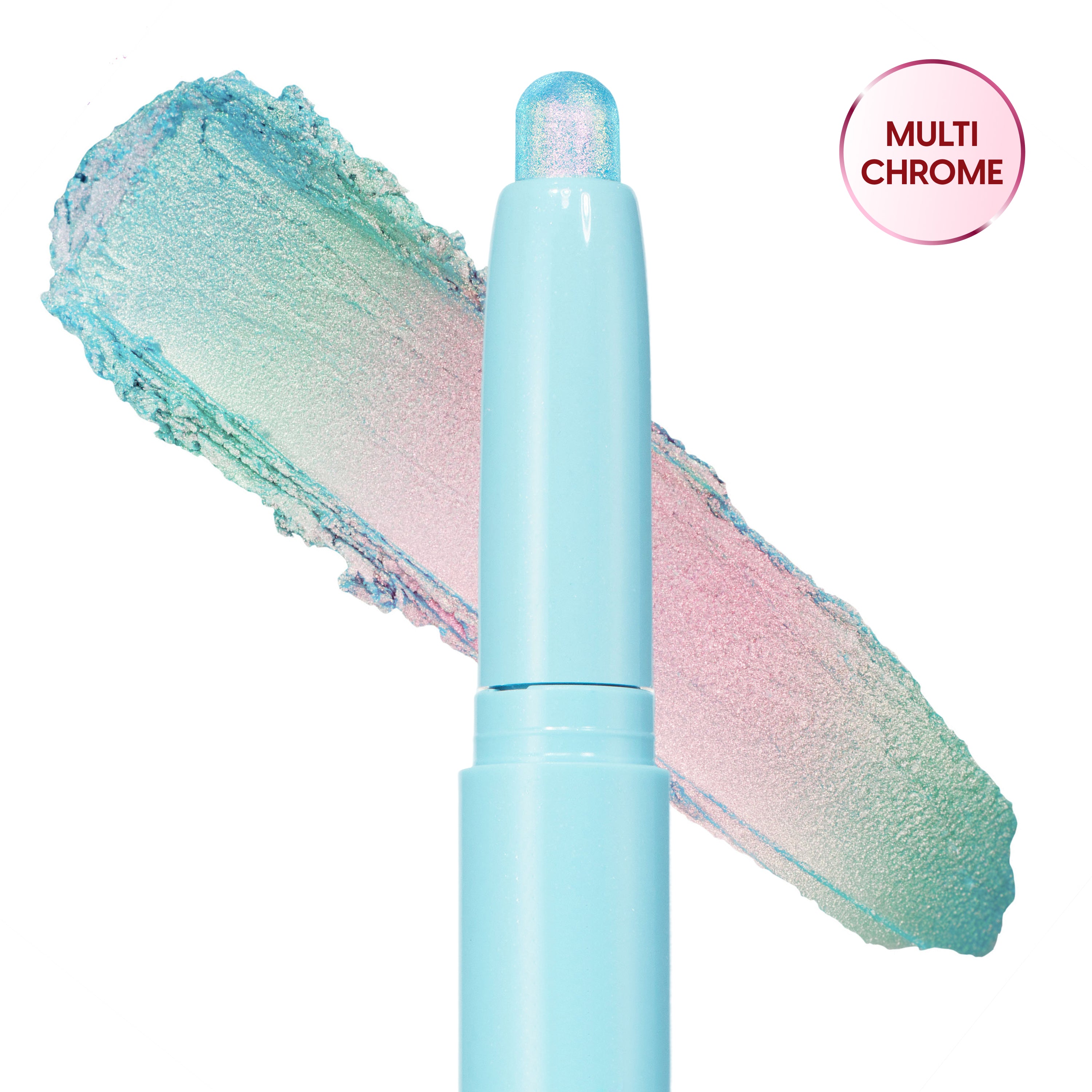 Colourpop Game Over Shadow Stix shown uncapped with a shimmering pastel blue, pink, and green duochrome eyeshadow swatch smeared behind the light blue crayon tube on a white background.