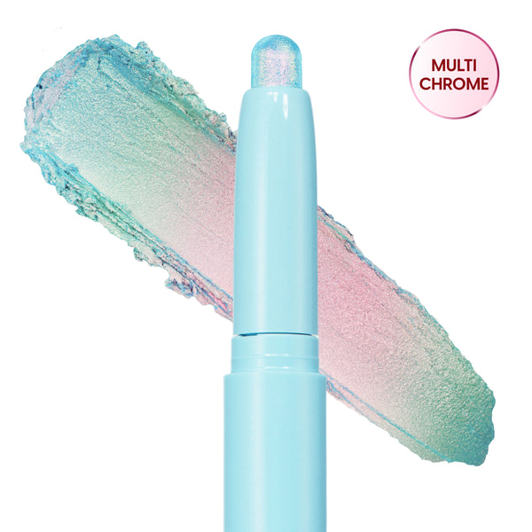 Colourpop Game Over Shadow Stix shown uncapped with a shimmering pastel blue, pink, and green duochrome eyeshadow swatch smeared behind the light blue crayon tube on a white background.