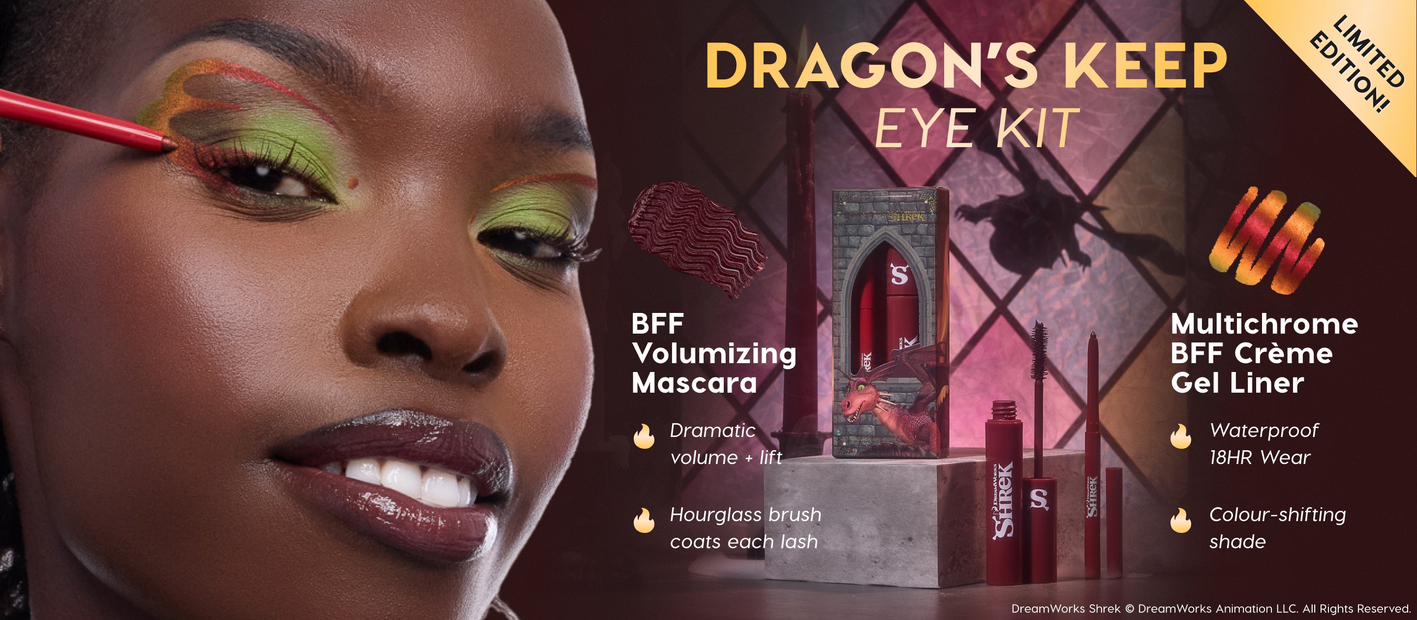 ColourPop Dragon’s Keep Eye Kit featuring BFF Volumizing Mascara and Multichrome BFF Crème Gel Liner as a model traces bold dragon‑scale eyeliner over lime shadow; red Shrek‑branded tubes rest on a stone pedestal before a stained‑glass window.