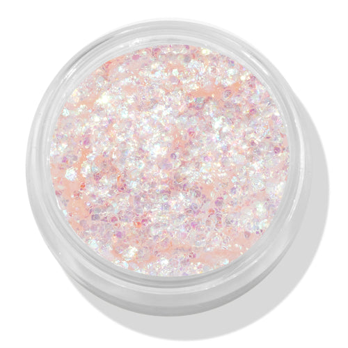 So Cute glitter gel shimmers with chunky iridescent flakes in a peachy-clear base, filling a round clear jar; ColourPop Glitter Gel for face and body makeup, shown in a close-up product shot on a white background.