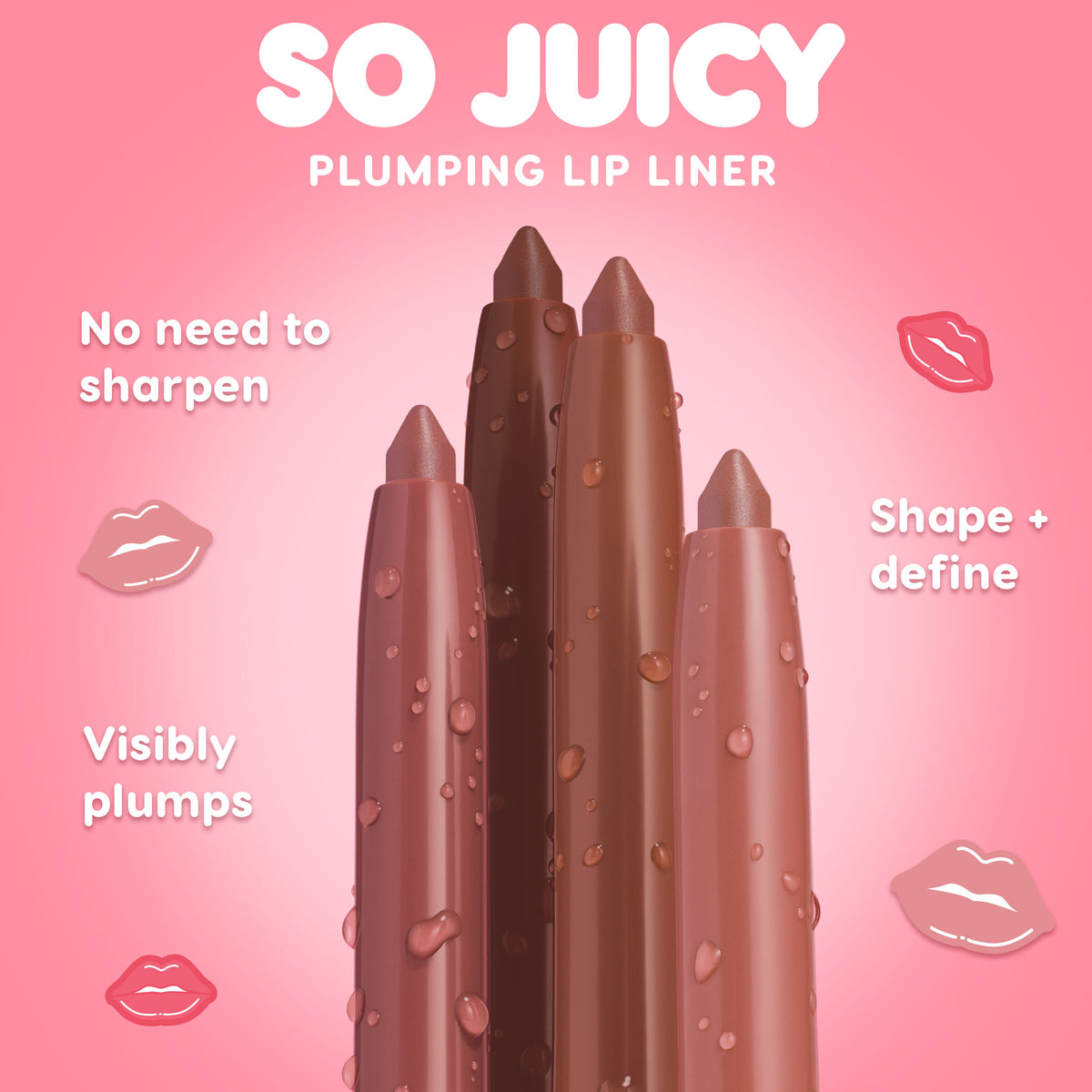 ColourPop So Juicy Plumping Lip Liner with Peptides in Mocha Latte stands tip-up with dewy droplets, showcasing a warm mocha-brown, no-sharpen liner that visibly plumps to shape and define lips against a pink gradient backdrop with lip icons.