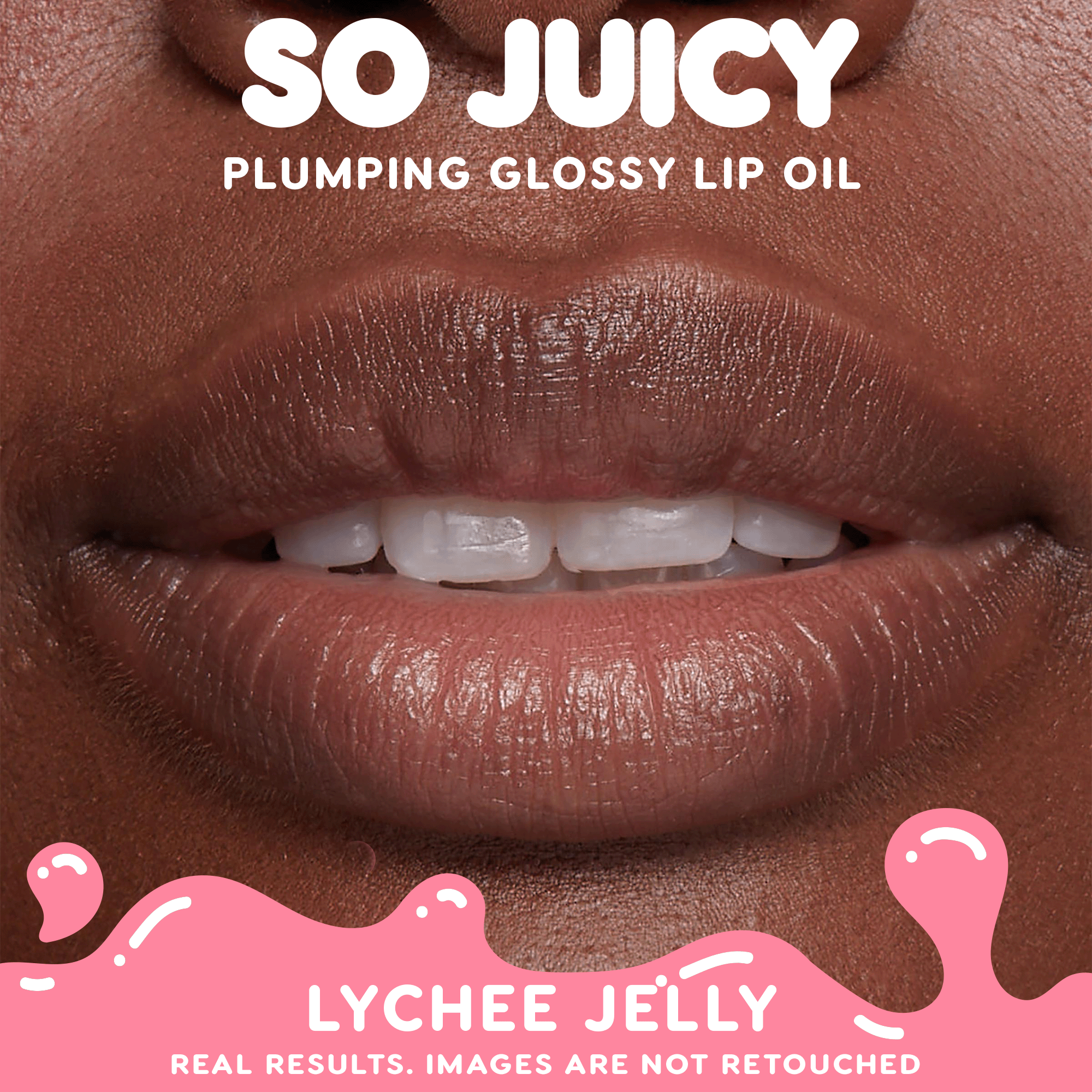 Close-up lips applying Colourpop So Juicy Plumping Glossy Lip Oil in Baby Panda, showing smooth, hydrated shine to highlight Lip Gloss & Lip Oil results against a clean pink graphic background