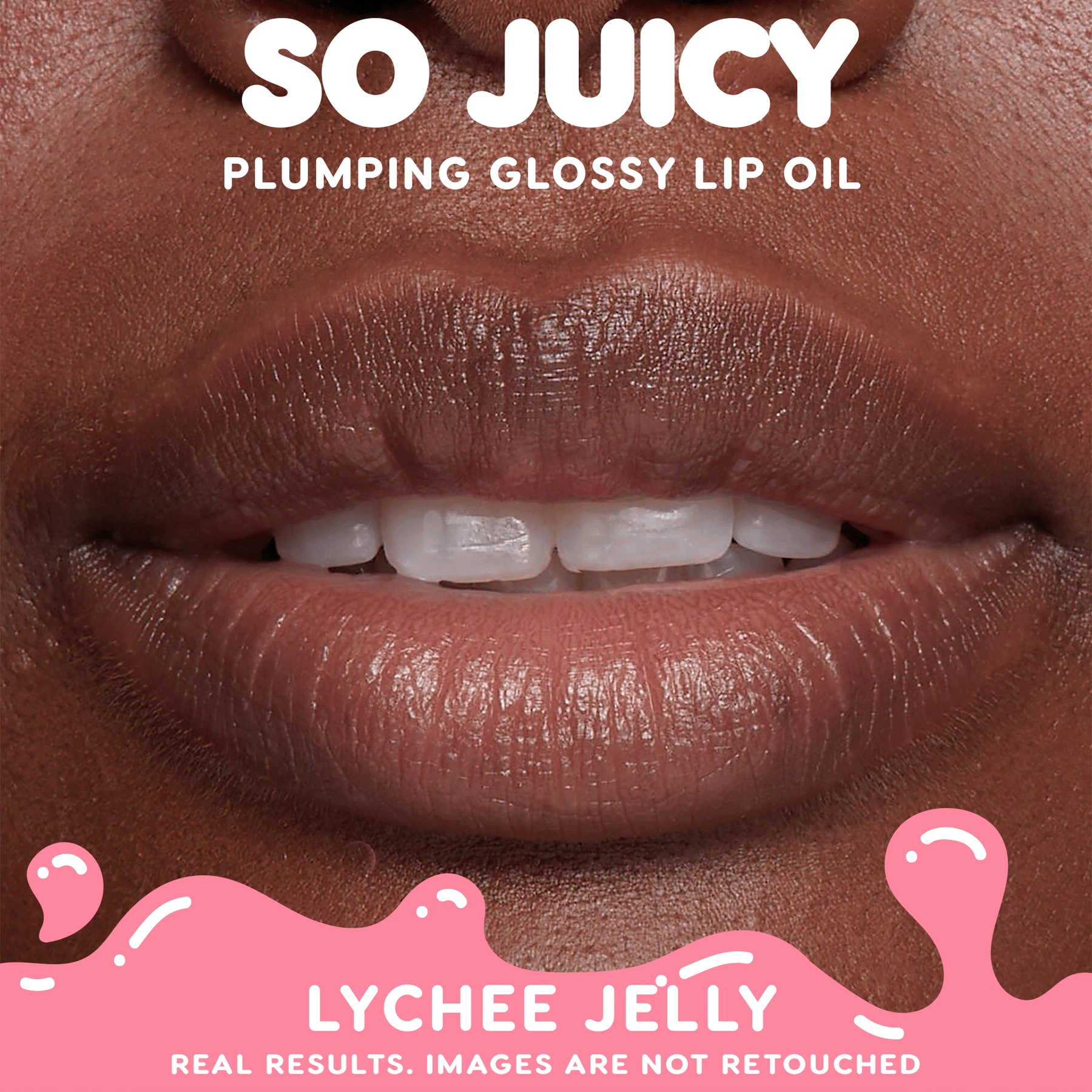 Glossy, plumped lips wearing Lychee Jelly from the ColourPop So Juicy Lip Oil Set, It’s Giving Juicy, showing a before-and-after shine against a pink product banner with playful drips; real results, not retouched.