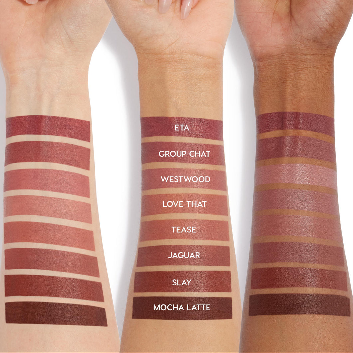 Swatches of ColourPop So Juicy Plumping Lip Liner & Balm Set, Go-To Lip, shown on three forearms (light, medium, deep) with shades labeled top to bottom: ETA, Group Chat, Westwood, Love That, Tease, Jaguar, Slay, Mocha Latte on a white background.