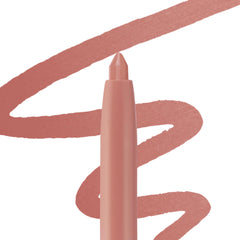 ColourPop So Juicy Plumping Lip Liner with Peptides in Love That glides a warm rosy nude line, shown with the twist-up tip centered and a matching swoosh swatch on a white background to highlight smooth payoff and precise definition.