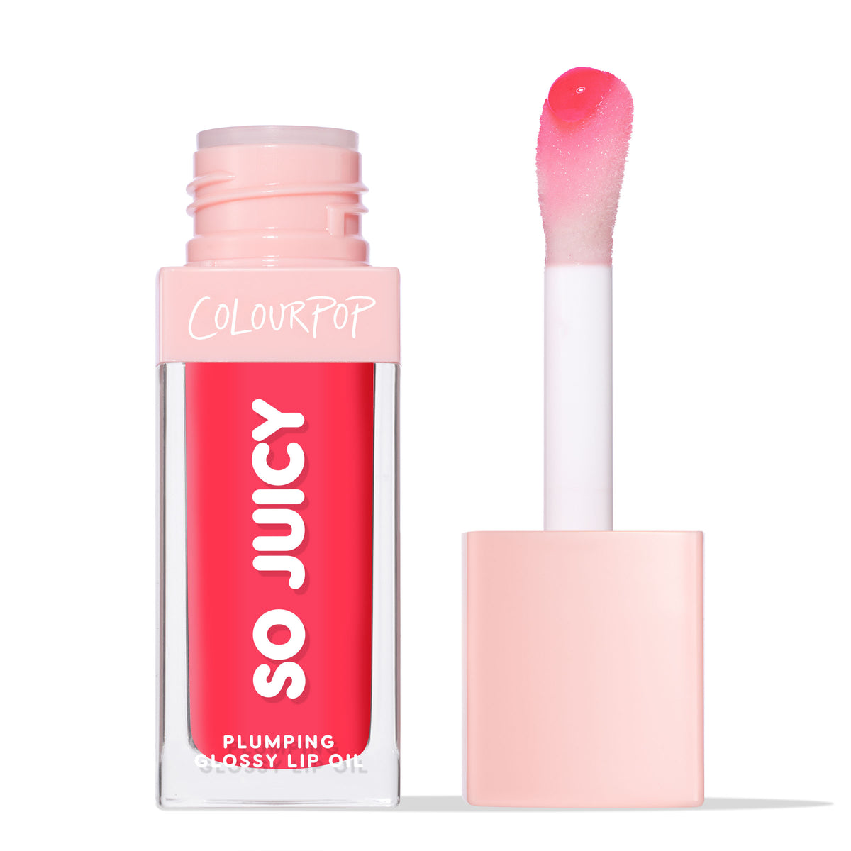 ColourPop So Juicy Plumping Glossy Lip Oil in Flirty Text stands uncapped on a white background, displaying a soft pink doe-foot wand with a dewy drop beside a clear rectangular tube and blush-pink cap, revealing a bright fuchsia tint.
