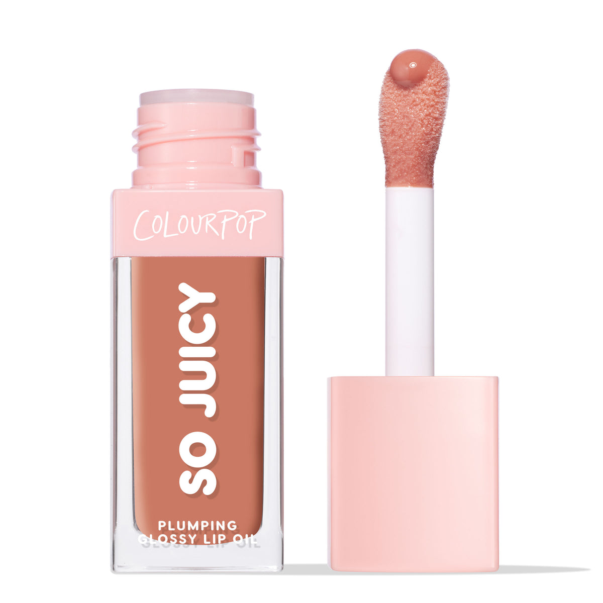 ColourPop So Juicy Plumping Glossy Lip Oil in It’s a Date shown with the pink cap off, a doe‑foot applicator holding peachy nude gloss beside the clear rectangular tube on a clean white background.