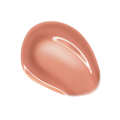 Peachy nude swatch pools into a glossy droplet, showcasing the high-shine, plumping finish of ColourPop So Juicy Plumping Glossy Lip Oil in It’s a Date against a white background, emphasizing smooth, cushiony texture and reflective sheen.