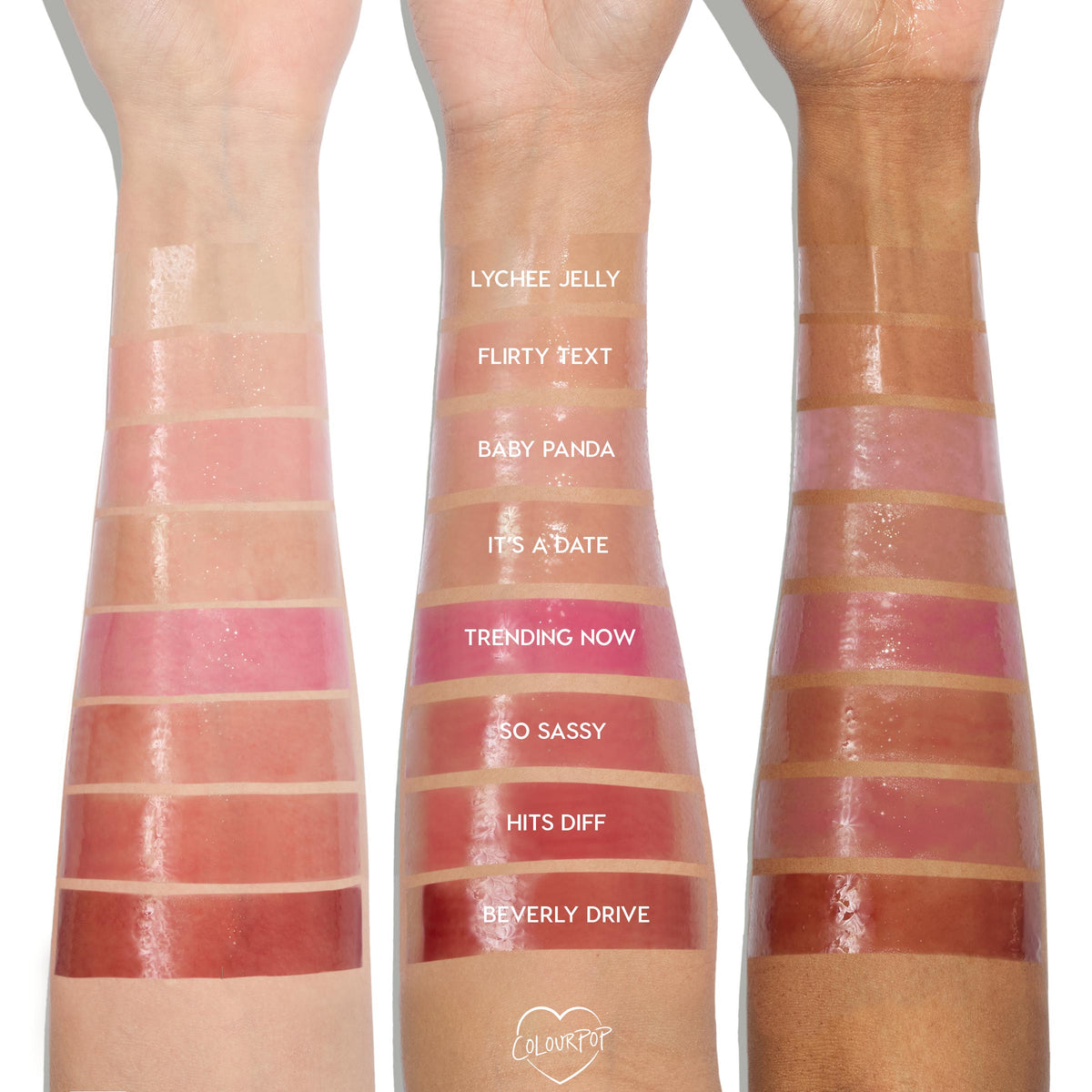 ColourPop It’s Giving Juicy So Juicy Lip Oil Set swatched on three arms (light, medium, deep), displaying high-shine sheer shades labeled: Lychee Jelly, Flirty Text, Baby Panda, It’s a Date, Trending Now, So Sassy, Hits Diff, Beverly Drive.