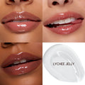 ColourPop So Juicy Plumping Glossy Lip Oil in Lychee Jelly coats lips with a high-shine, plumping finish, shown in a quad of three close-up lip swatches on varied skin tones plus a milky product smear for shade reference.