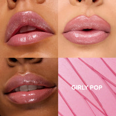 Glossy lips wear Girly Pop in three close-up swatches, showing the high-shine, sheer cool pink payoff of the ColourPop So Juicy Plumping Gloss Balm with Peptides, with a fourth panel featuring a pink smear and the GIRLY POP shade name.