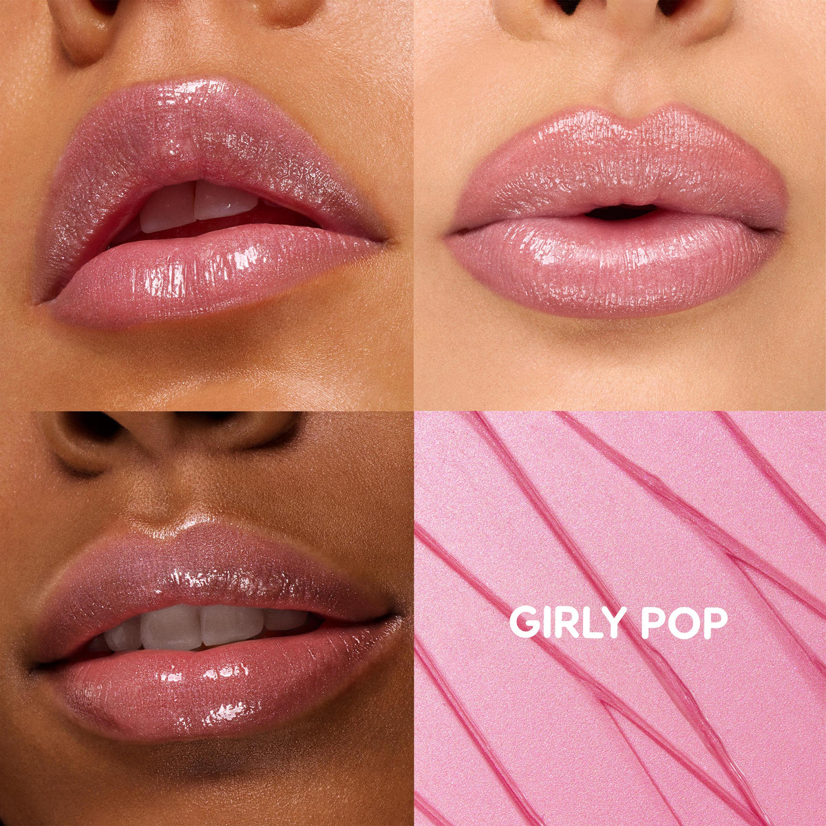 Glossy lips wear Girly Pop in three close-up swatches, showing the high-shine, sheer cool pink payoff of the ColourPop So Juicy Plumping Gloss Balm with Peptides, with a fourth panel featuring a pink smear and the GIRLY POP shade name.