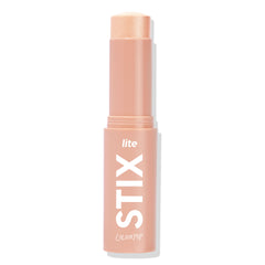 ColourPop Lite Stix Sunlight highlighter - twist-up cream stick revealing a warm champagne shimmer - stands upright on a white background in a peach tube with bold white STIX lettering; quick swipe-on glow for cheeks, nose, and brow bone.