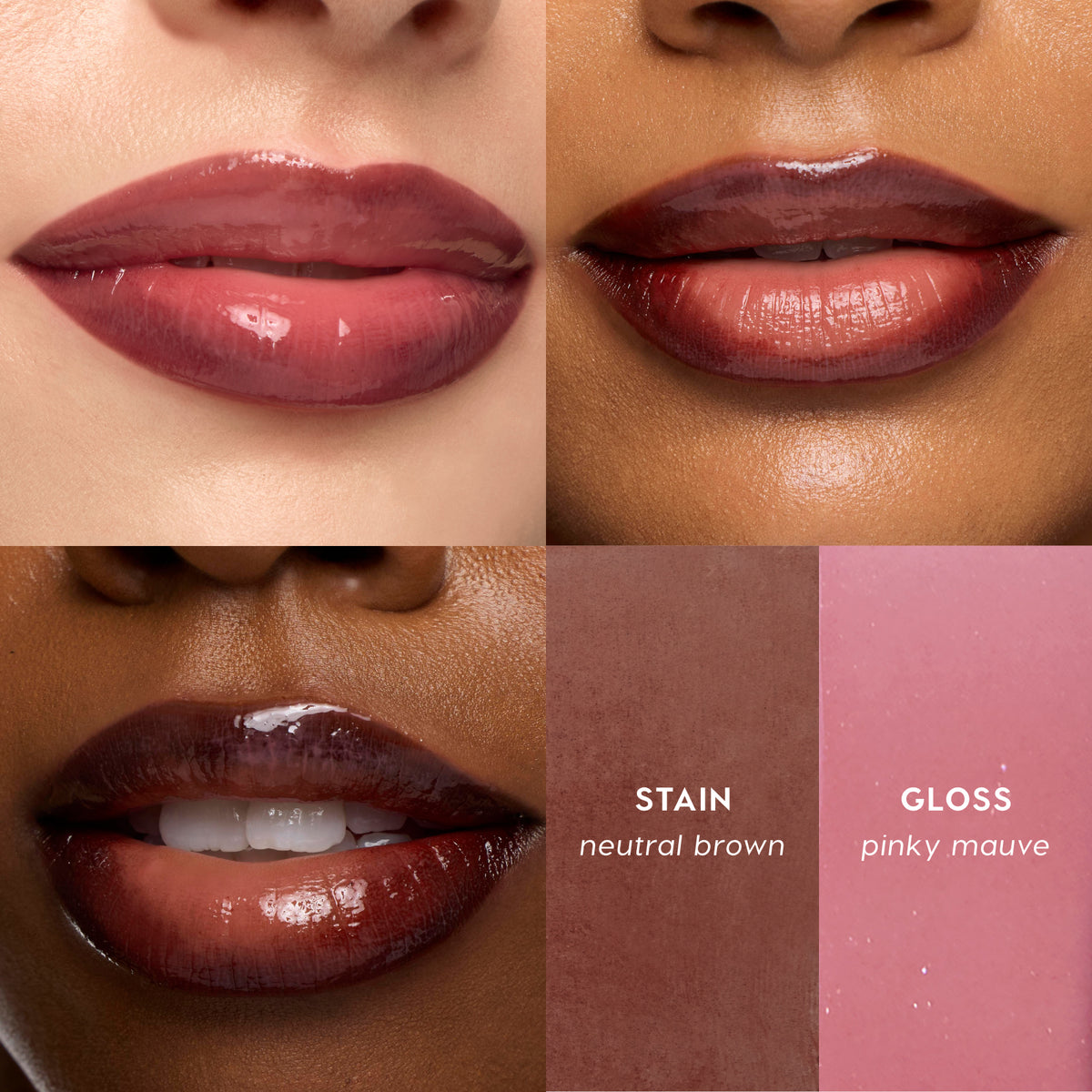 Four-panel close-up of glossy lip color on different skin tones, with text reading 'STAIN neutral brown' and 'GLOSS pinky mauve' in the bottom-right panel.