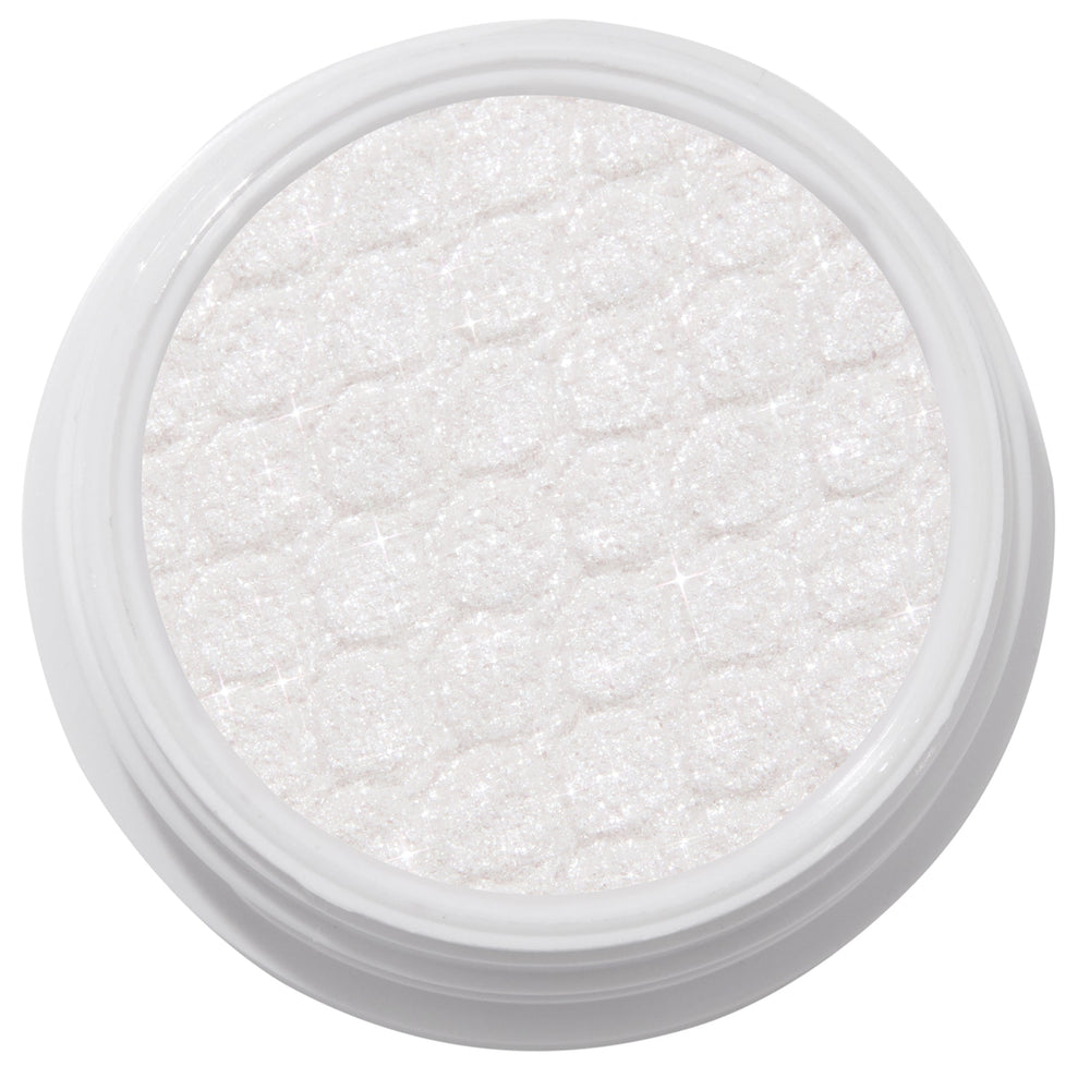 ColourPop Super Shock Shadow Tassel, a shimmering icy white cream-to-powder eyeshadow catching light across its quilt-textured pan inside a white round pot, shown in a crisp studio close-up on a white background.
