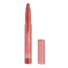 Topanga ColourPop Lippie Stix shown uncapped with the bullet extended, displaying a warm coral-pink hue in a matching translucent tube with white logo, cap set to the right on a clean white background.