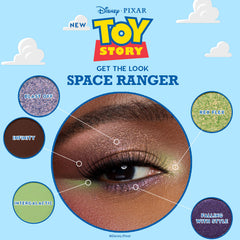 Close-up eye showcases the Space Ranger look using The Toys Are Here ColourPop Shadow Palette, a Toy Story shadow palette, blending green, purple, and deep brown shimmer; callouts mark shades Blast Off, Infinity, Intergalactic, Rex Flex, and Falling With Style.