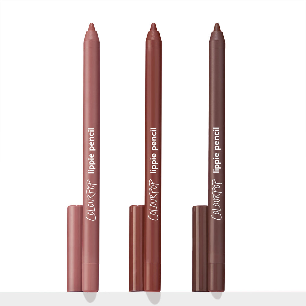 Triple Latte ColourPop Lippie Pencil trio standing upright, three creamy nude-brown lip liners - light latte, warm mocha, and deep espresso - with caps at the base, displayed on a white background for precise lip lining.