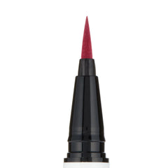 Felt-tip applicator poised to draw crisp lines, macro close-up of the Try Me shade (deep berry red) from the ColourPop BFF Liquid Liner, centered on a black-and-white pen barrel against a white background.