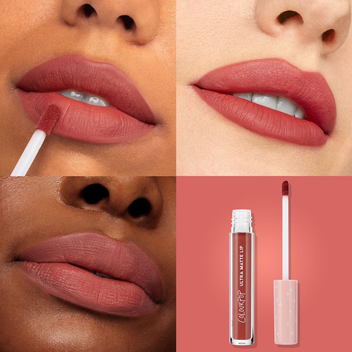 ColourPop Ultra Matte Lip Tulum coating lips in warm terracotta‑rose, applied with a doe‑foot and shown on multiple skin tones, with the open tube, wand, and pink star‑print cap on a coral backdrop for shade and matte finish reference.