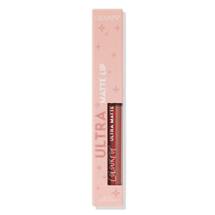ColourPop Ultra Matte Lip in Toast standing boxed, warm terracotta nude liquid lipstick shown through a pink star-print carton window, tube labeled Ultra Matte, 3.7g/0.13oz, on a clean white background.