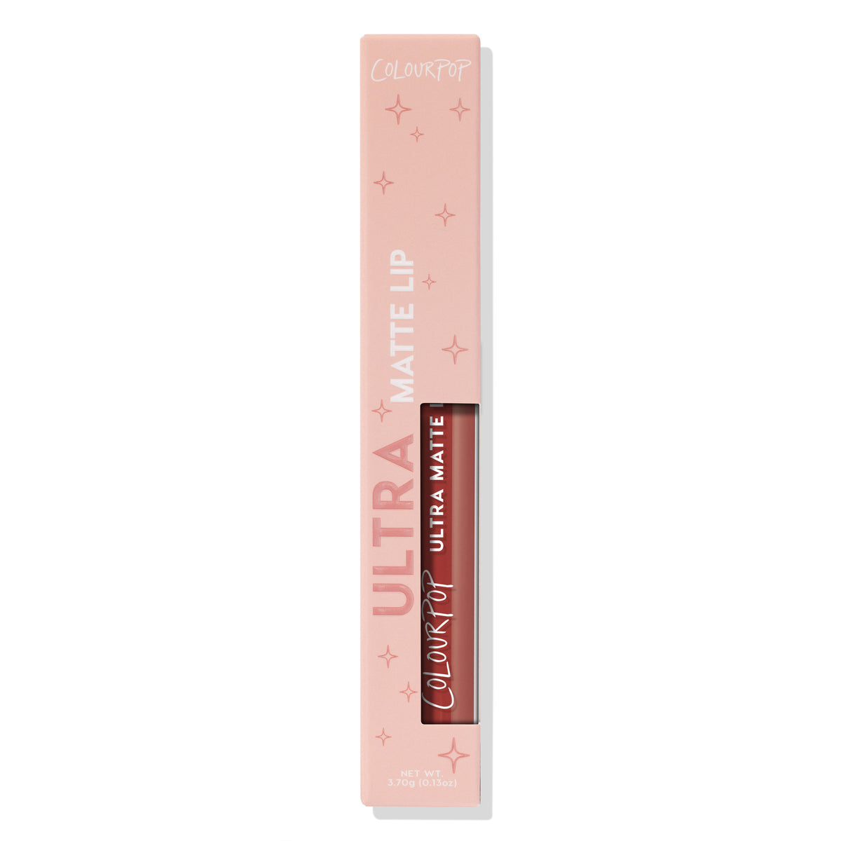 ColourPop Ultra Matte Lip in Toast standing boxed, warm terracotta nude liquid lipstick shown through a pink star-print carton window, tube labeled Ultra Matte, 3.7g/0.13oz, on a clean white background.