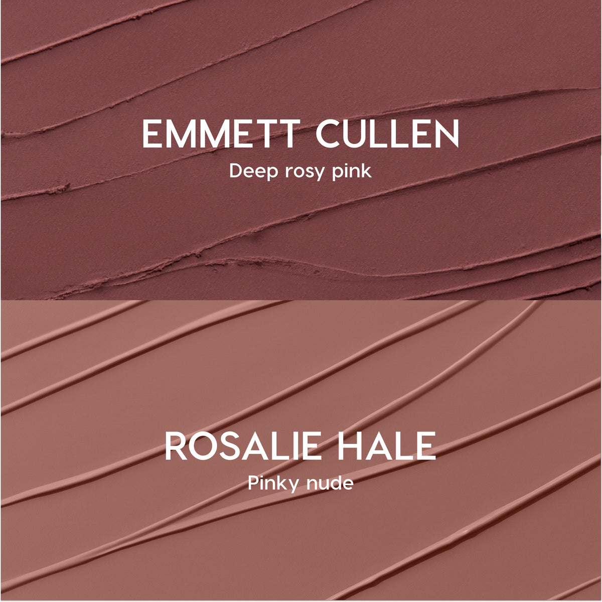 Opposites Attract Lippie Stix swatches showing two Twilight-inspired lip colors: Emmett Cullen in deep rosy pink on top and Rosalie Hale in pinky nude on bottom, both smeared in smooth diagonal strokes on a textured background.