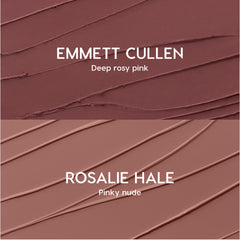 Opposites Attract Lippie Stix swatches showing two Twilight-inspired lip colors: Emmett Cullen in deep rosy pink on top and Rosalie Hale in pinky nude on bottom, both smeared in smooth diagonal strokes on a textured background.