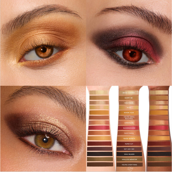 Twilight Forever palette trio eye looks showing warm gold, smoky red, and bronzy shimmer shadows on three models, with a vertical grid of Twilight-themed shade swatches on multiple skin tones beside them.