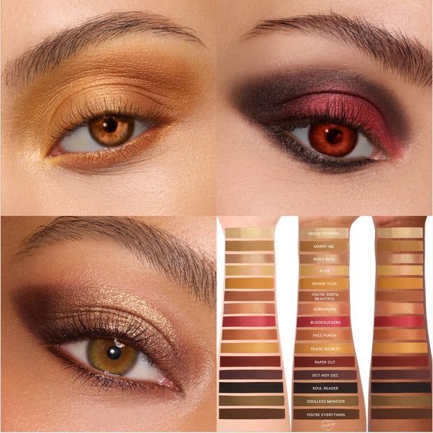 Twilight Forever palette trio eye looks showing warm gold, smoky red, and bronzy shimmer shadows on three models, with a vertical grid of Twilight-themed shade swatches on multiple skin tones beside them.