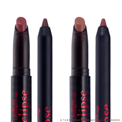 Immortal Kiss Lippie Stix Duo from the Twilight collection standing upright against a white background, showing two creamy mauve-brown lipstick crayons and two matching liners in sleek black tubes with red Eclipse branding.