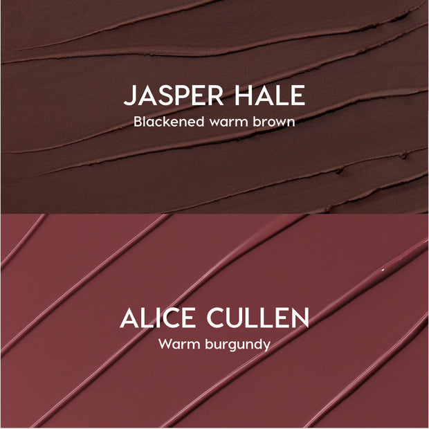 ColourPop New Love Lippie Stix swatched in two Twilight-inspired shades, Jasper Hale in blackened warm brown and Alice Cullen in warm burgundy, shown as creamy lipstick streaks on a split background for comparison.