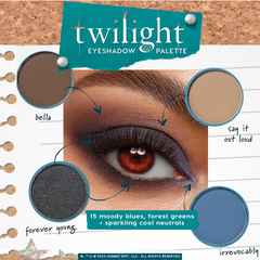 Twilight Shadow Palette creates a smoky blue eye look on a close-up eye, using shades Bella (taupe), Say It Out Loud (beige), Forever Young (charcoal shimmer), and Irrevocably (denim blue); ColourPop Shadow Palette with 15 moody blues, greens, and cool neutrals.