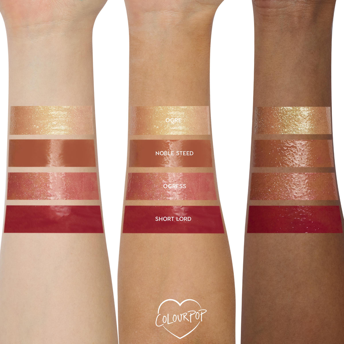 Noble Steed Ultra Glossy Lip by Colourpop shown as a warm rosy-nude swatch on three skin tones, centered between other Shrek lip gloss shades Ogre, Ogress, and Short Lord for comparison of shine and pigment.