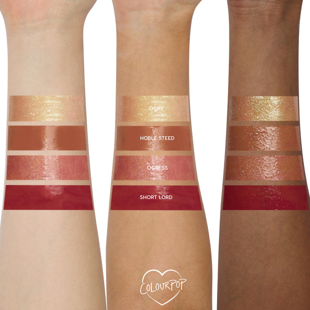 Noble Steed Ultra Glossy Lip by Colourpop shown as a warm rosy-nude swatch on three skin tones, centered between other Shrek lip gloss shades Ogre, Ogress, and Short Lord for comparison of shine and pigment.